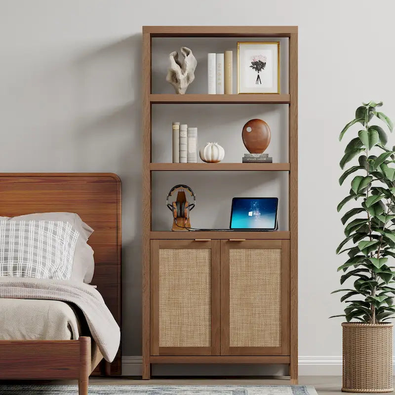 SICOTAS 5 Tier Adjustable Bookshelf with Rattan Storage Cabinet