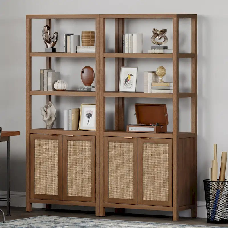 SICOTAS 5 Tier Adjustable Bookshelf with Rattan Storage Cabinet