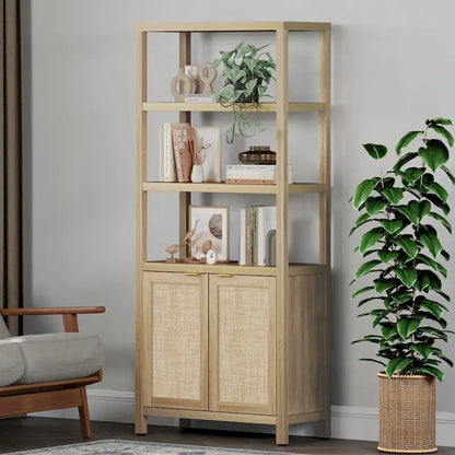 SICOTAS 5 Tier Adjustable Bookshelf with Rattan Storage Cabinet