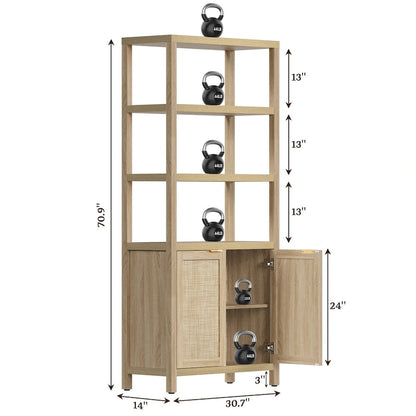 SICOTAS 5 Tier Adjustable Bookshelf with Rattan Storage Cabinet