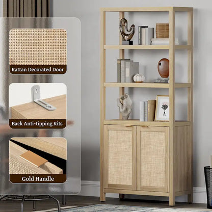 SICOTAS 5 Tier Adjustable Bookshelf with Rattan Storage Cabinet