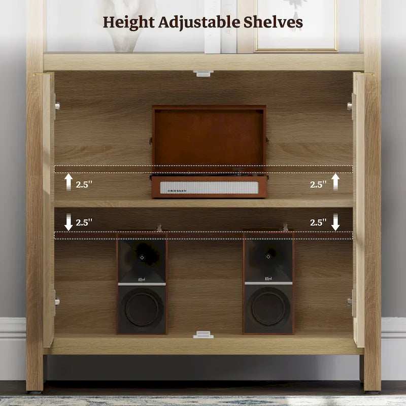 SICOTAS 5 Tier Adjustable Bookshelf with Rattan Storage Cabinet