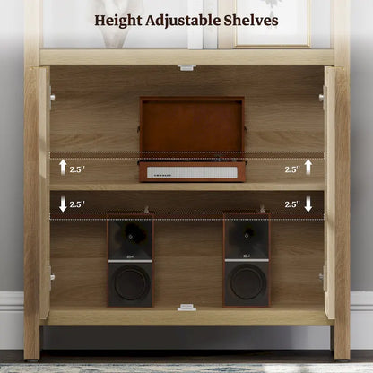 SICOTAS 5 Tier Adjustable Bookshelf with Rattan Storage Cabinet