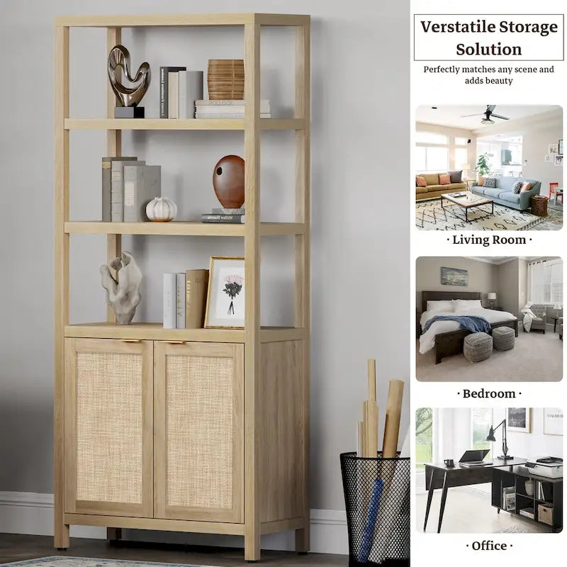 SICOTAS 5 Tier Adjustable Bookshelf with Rattan Storage Cabinet