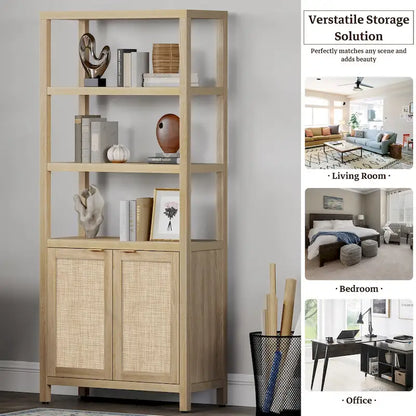 SICOTAS 5 Tier Adjustable Bookshelf with Rattan Storage Cabinet