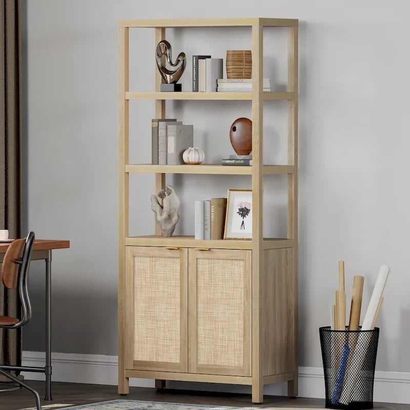 SICOTAS 5 Tier Adjustable Bookshelf with Rattan Storage Cabinet