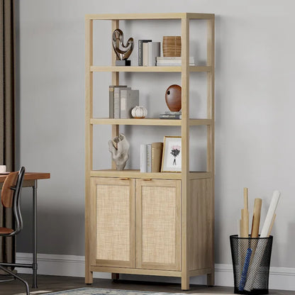 SICOTAS 5 Tier Adjustable Bookshelf with Rattan Storage Cabinet