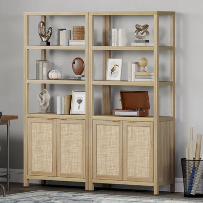 SICOTAS 5 Tier Adjustable Bookshelf with Rattan Storage Cabinet