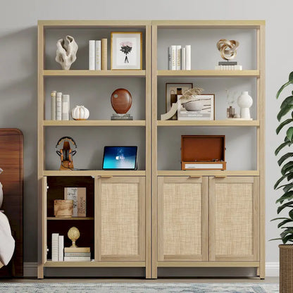 SICOTAS 5 Tier Adjustable Bookshelf with Rattan Storage Cabinet