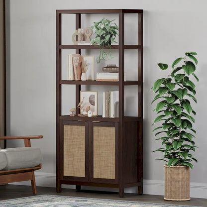 SICOTAS 5 Tier Adjustable Bookshelf with Rattan Storage Cabinet