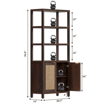 SICOTAS 5 Tier Adjustable Bookshelf with Rattan Storage Cabinet