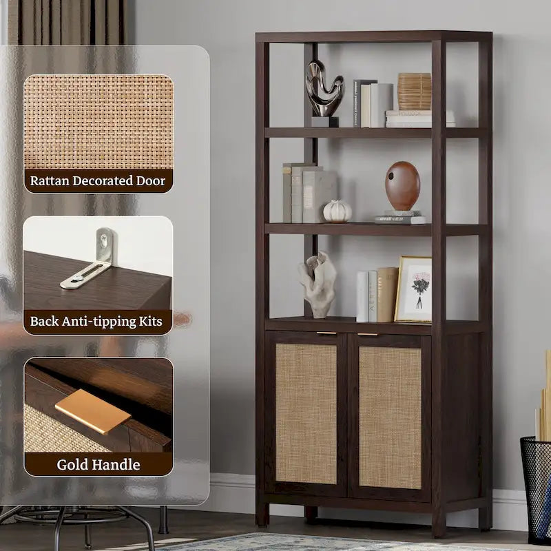 SICOTAS 5 Tier Adjustable Bookshelf with Rattan Storage Cabinet