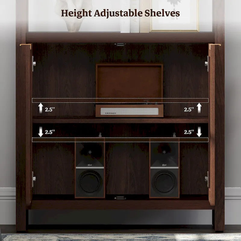 SICOTAS 5 Tier Adjustable Bookshelf with Rattan Storage Cabinet