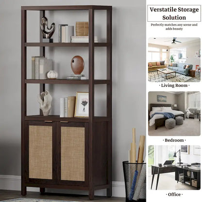 SICOTAS 5 Tier Adjustable Bookshelf with Rattan Storage Cabinet