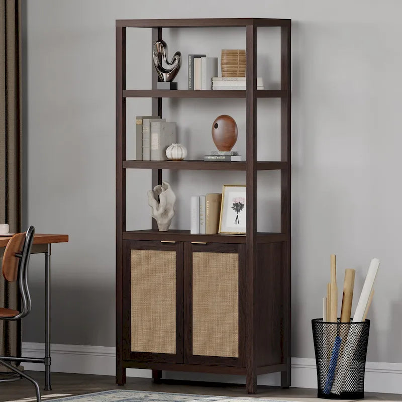 SICOTAS 5 Tier Adjustable Bookshelf with Rattan Storage Cabinet