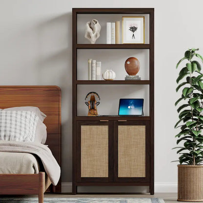SICOTAS 5 Tier Adjustable Bookshelf with Rattan Storage Cabinet