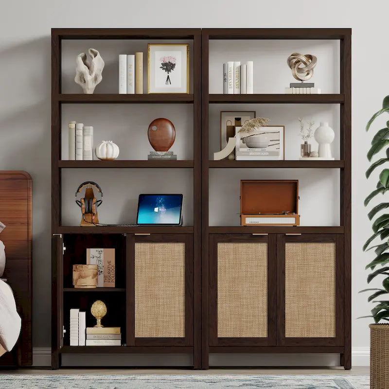 SICOTAS 5 Tier Adjustable Bookshelf with Rattan Storage Cabinet