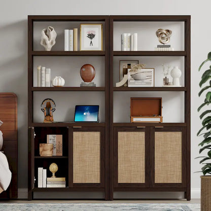 SICOTAS 5 Tier Adjustable Bookshelf with Rattan Storage Cabinet