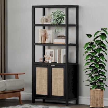 SICOTAS 5 Tier Adjustable Bookshelf with Rattan Storage Cabinet
