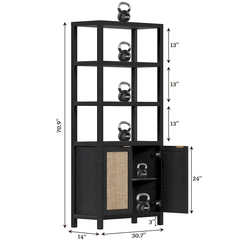 SICOTAS 5 Tier Adjustable Bookshelf with Rattan Storage Cabinet