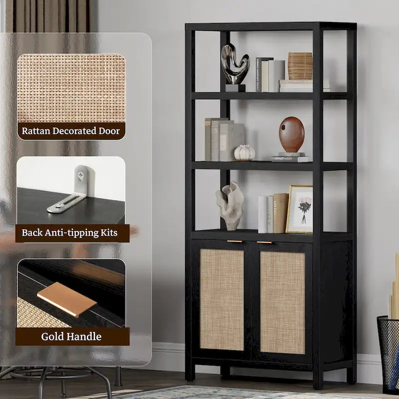 SICOTAS 5 Tier Adjustable Bookshelf with Rattan Storage Cabinet