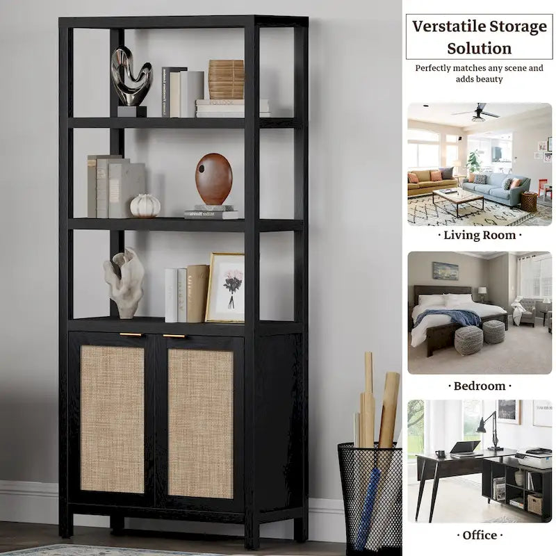 SICOTAS 5 Tier Adjustable Bookshelf with Rattan Storage Cabinet