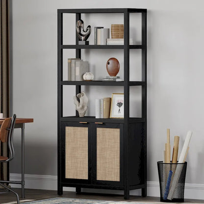 SICOTAS 5 Tier Adjustable Bookshelf with Rattan Storage Cabinet