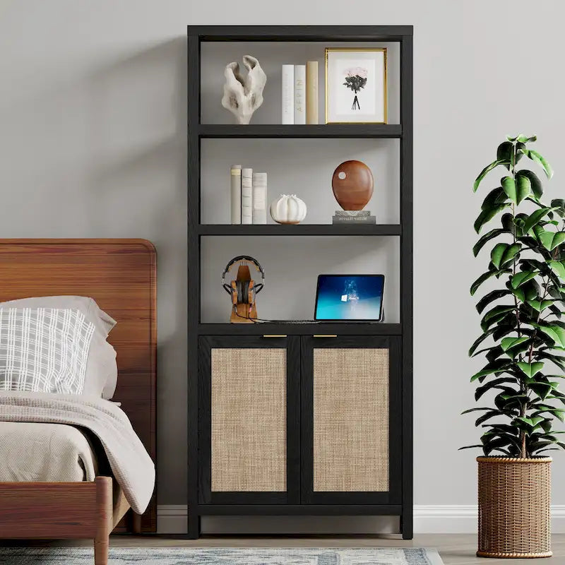 SICOTAS 5 Tier Adjustable Bookshelf with Rattan Storage Cabinet
