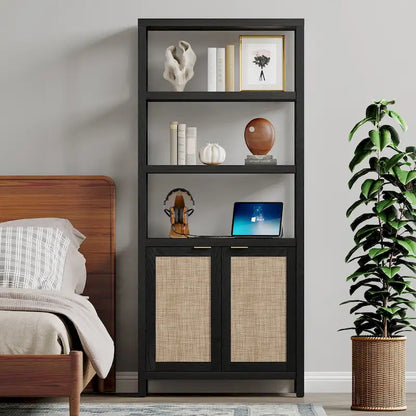 SICOTAS 5 Tier Adjustable Bookshelf with Rattan Storage Cabinet