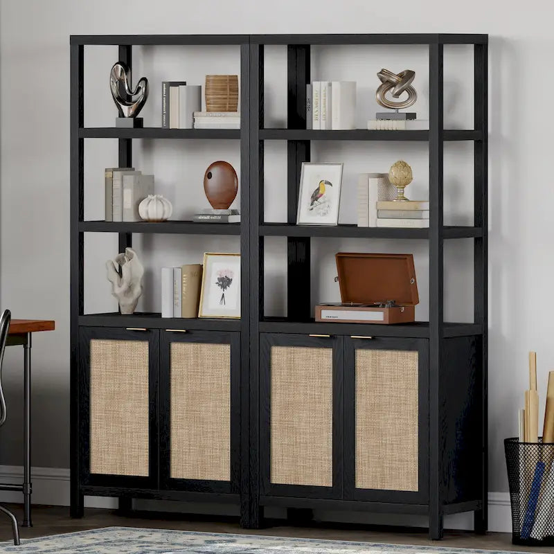 SICOTAS 5 Tier Adjustable Bookshelf with Rattan Storage Cabinet