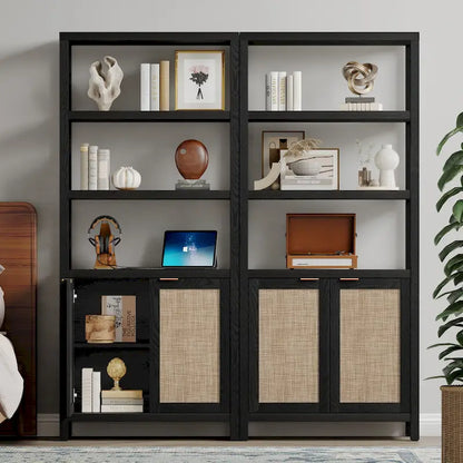 SICOTAS 5 Tier Adjustable Bookshelf with Rattan Storage Cabinet