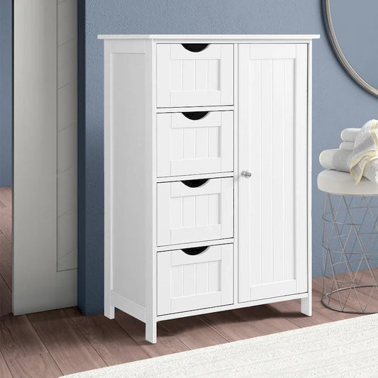 White Bathroom Storage Cabinet with Adjustable Shelf and Drawers