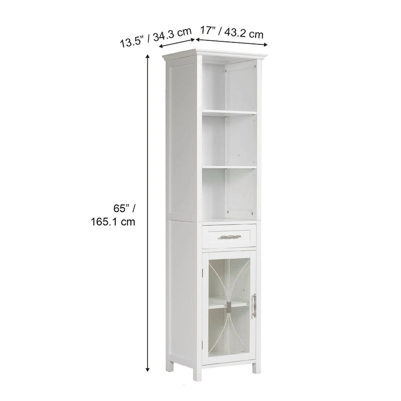 Teamson Home Delaney Freestanding Linen Tower with Open Shelves, Drawer, Cabinet - 13.5L x 17W x 65H
