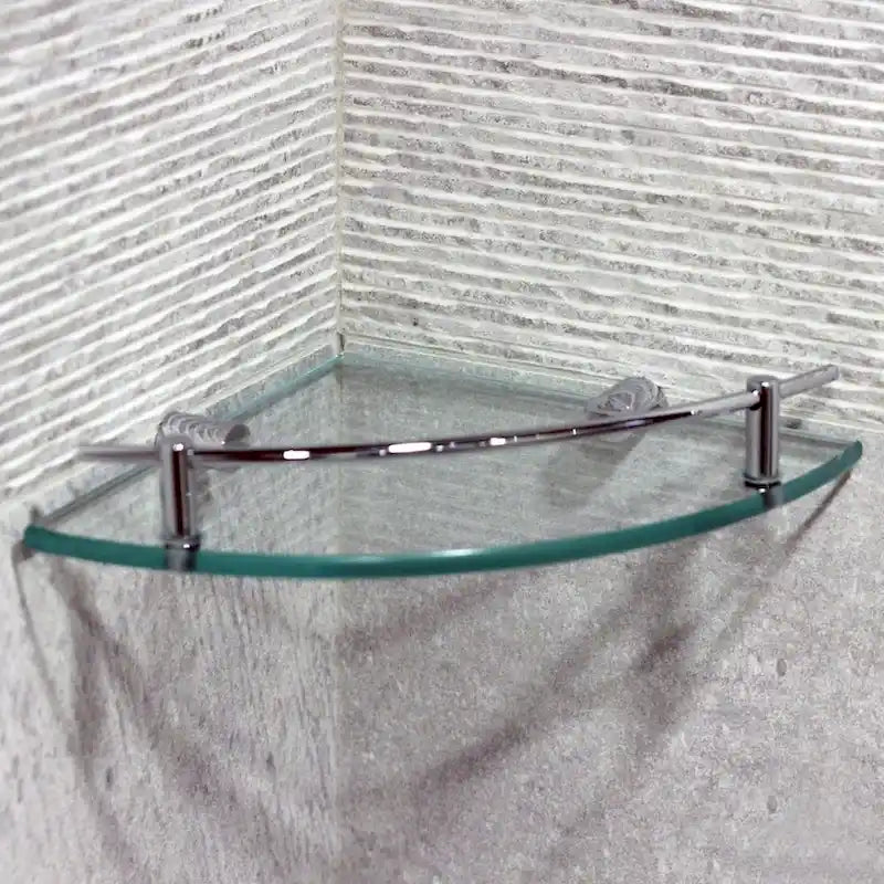 Glass Corner Shelf with Solid Brass Chrome Finish Railing