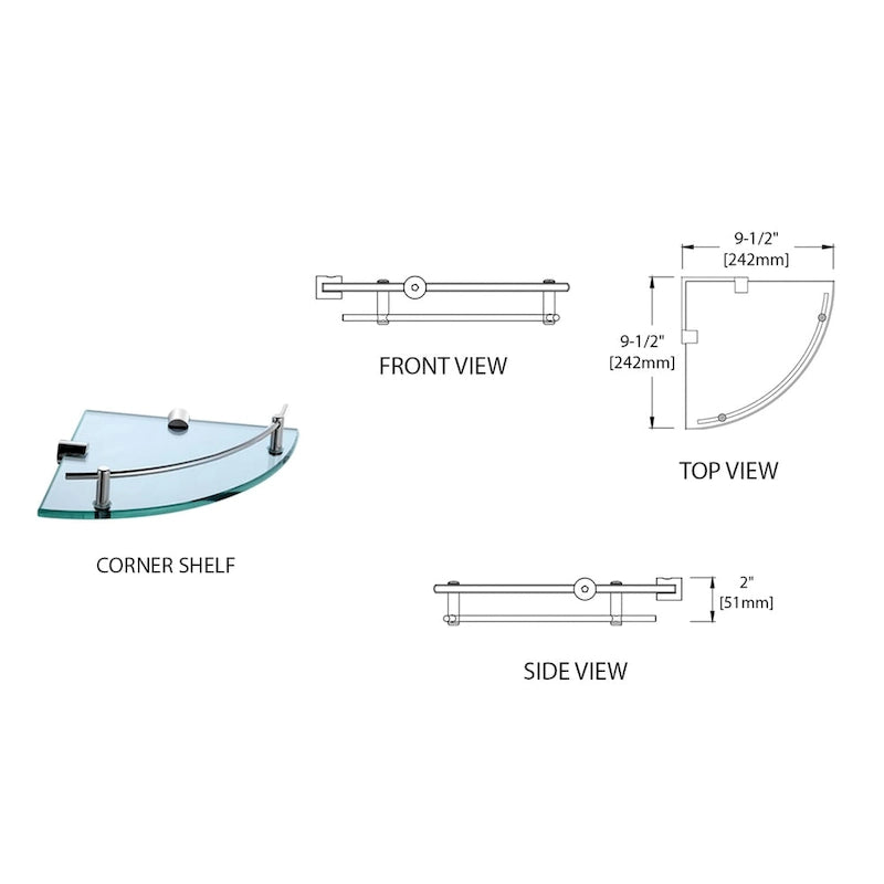 Glass Corner Shelf with Solid Brass Chrome Finish Railing