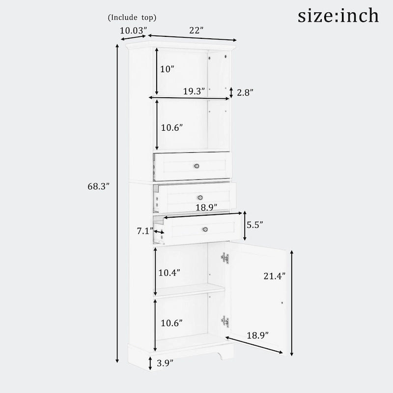 Tall Storage Cabinet with 3 Drawers and Shelves
