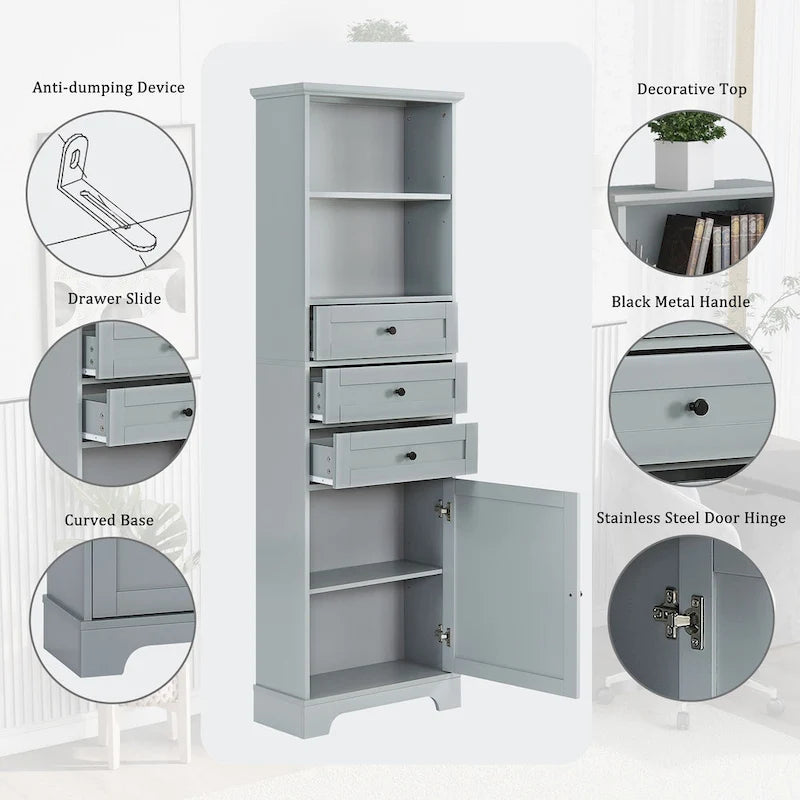 Tall Storage Cabinet with 3 Drawers and Shelves