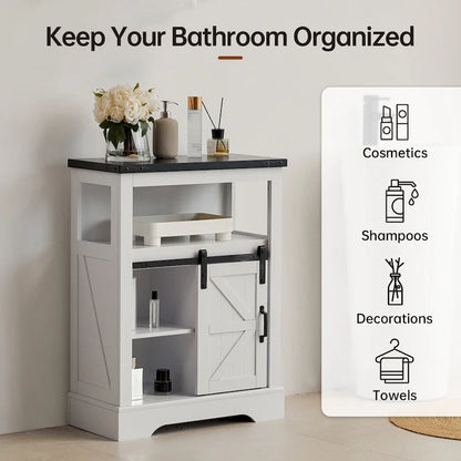Farmhouse Bathroom Floor Storage Cabinet with Sliding Barn Door And Storage Drawers