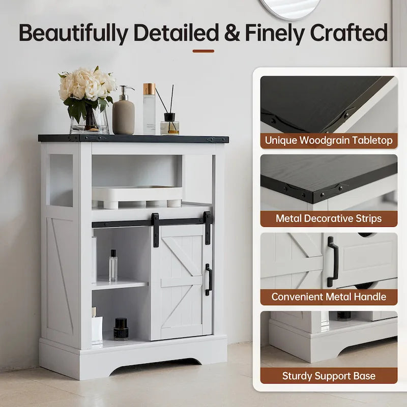 Farmhouse Bathroom Floor Storage Cabinet with Sliding Barn Door And Storage Drawers