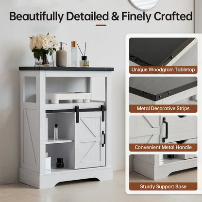 Farmhouse Bathroom Floor Storage Cabinet with Sliding Barn Door And Storage Drawers