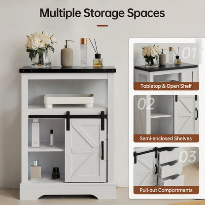 Farmhouse Bathroom Floor Storage Cabinet with Sliding Barn Door And Storage Drawers
