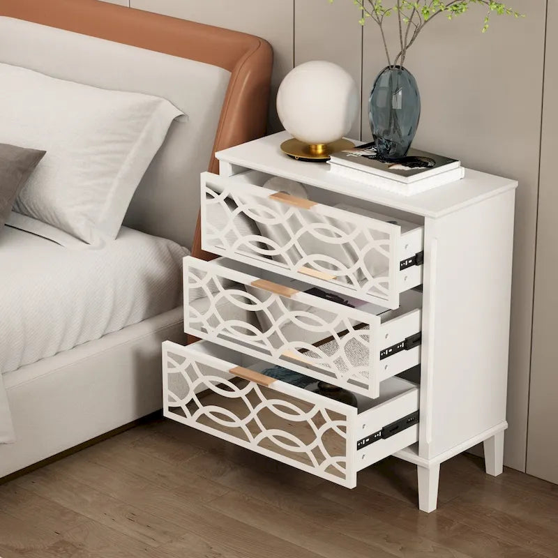 26H End Table of Drawers Mirrored Lacquered Dresser Chest White/Gold