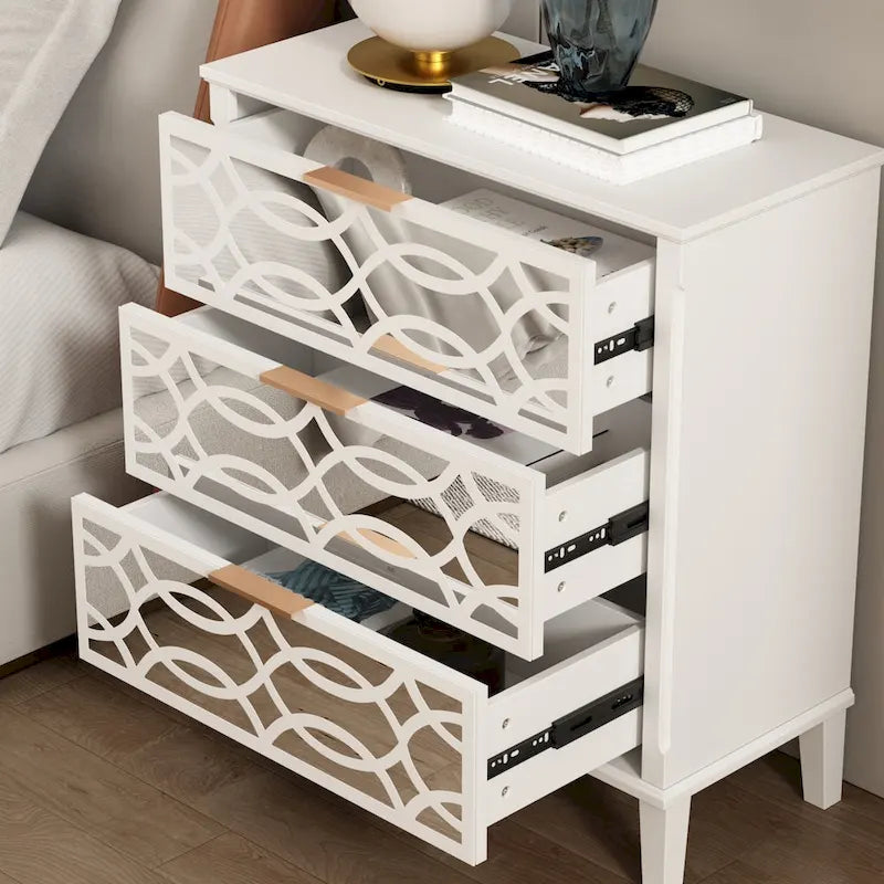 26H End Table of Drawers Mirrored Lacquered Dresser Chest White/Gold