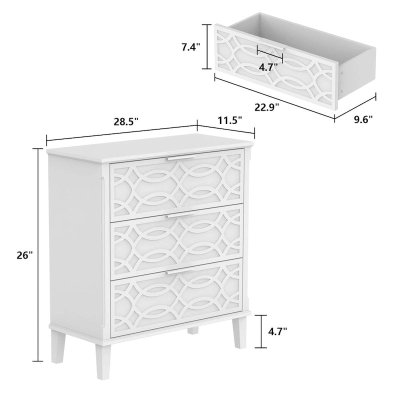 26H End Table of Drawers Mirrored Lacquered Dresser Chest White/Gold