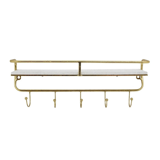 20 White and Gold Single Tier Wall Shelf with Hooks