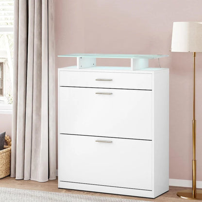Wooden Shoe Storage Cabinet with Glass Top and LED Light Clamps