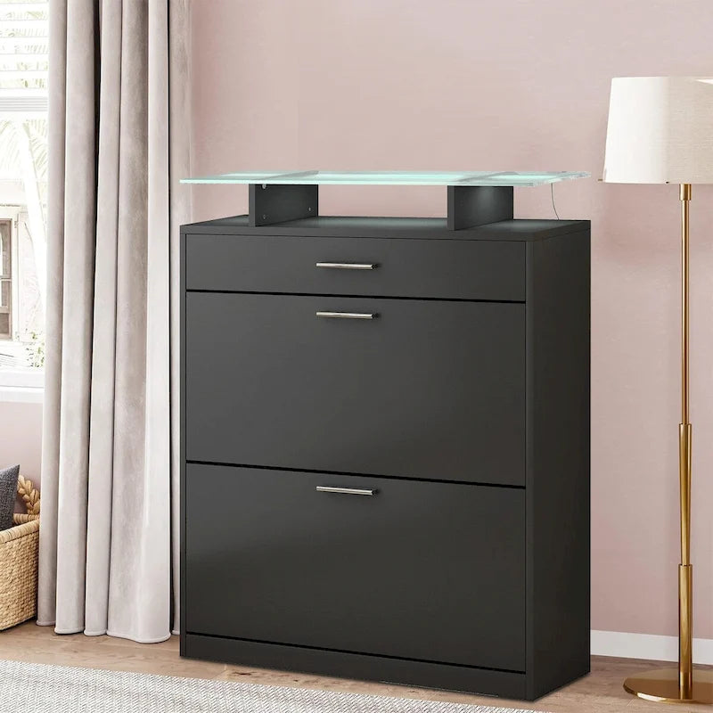 Wooden Shoe Storage Cabinet with Glass Top and LED Light Clamps