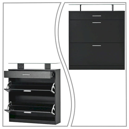 Wooden Shoe Storage Cabinet with Glass Top and LED Light Clamps