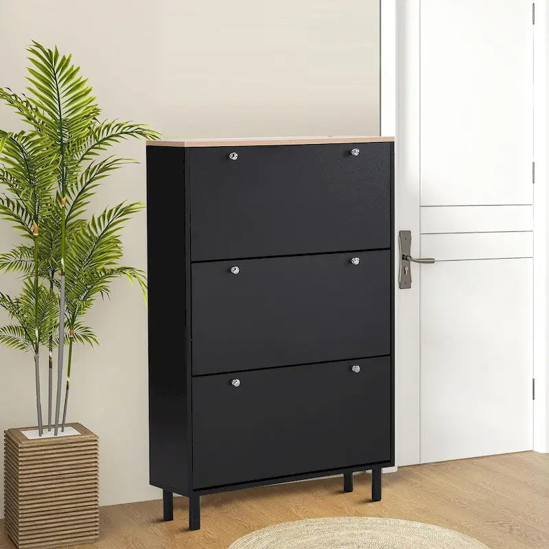Minimalist Shoe Storage Cabinet with Wood Grain Finished Top Panel