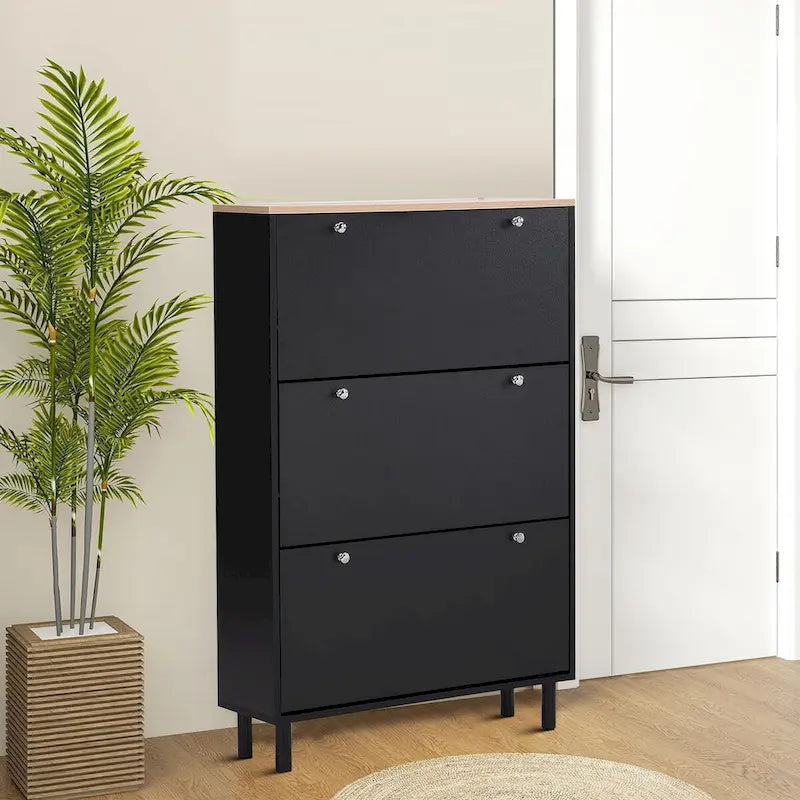 Minimalist Shoe Storage Cabinet with Wood Grain Finished Top Panel